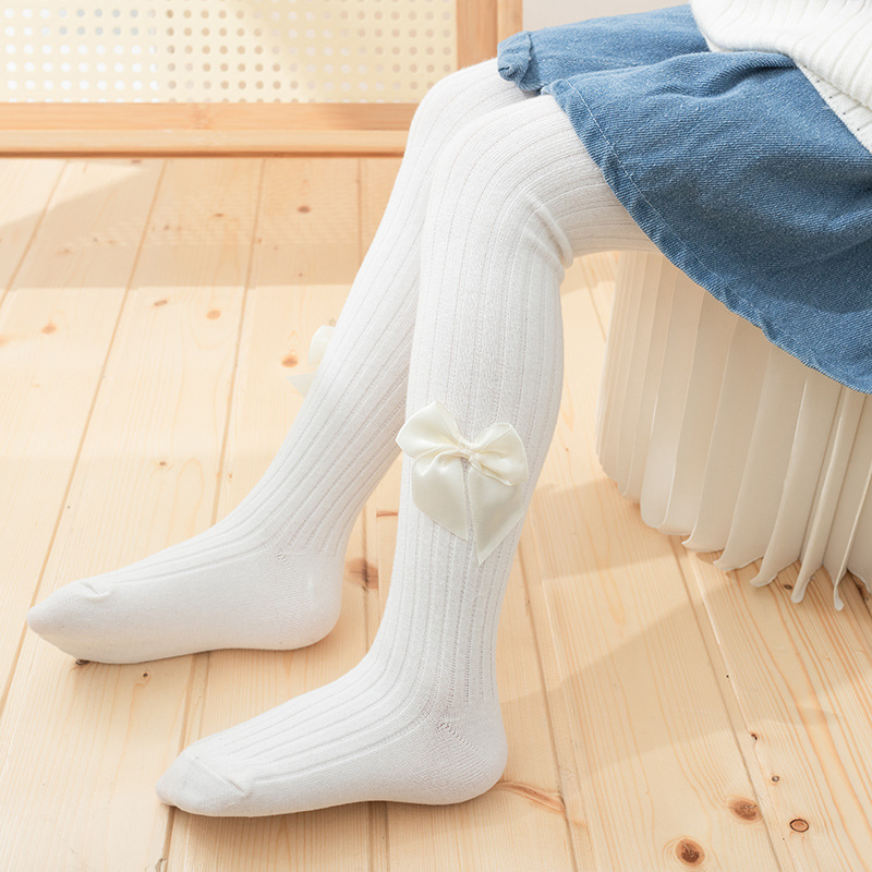 Baby tights with butterfly bows for spring and autumn, wearable outside, footless infant onesies, white knit children's pantyhose