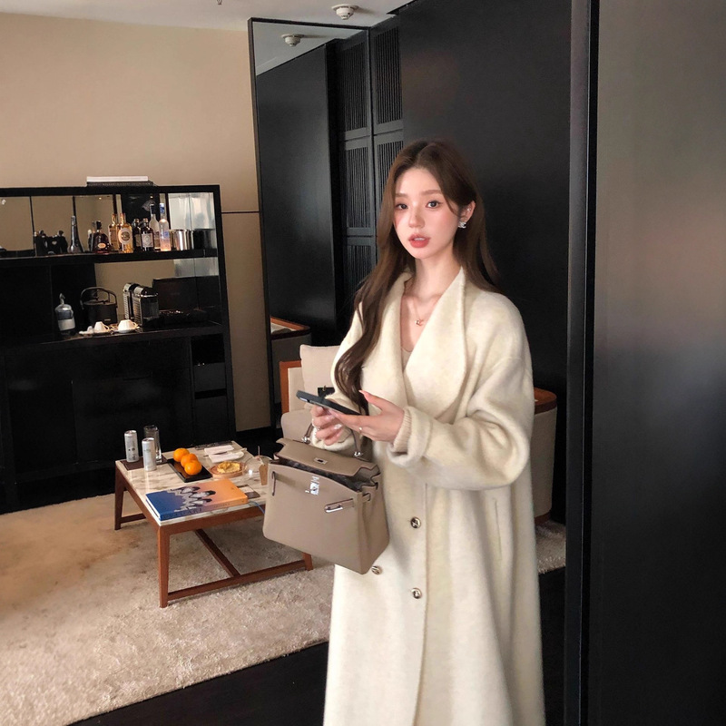 White Double-Sided Cashmere Outwear Women's Mid-Length 2025 Winter High-End Double-Breasted Stand-Up Collar Woolen Outwear