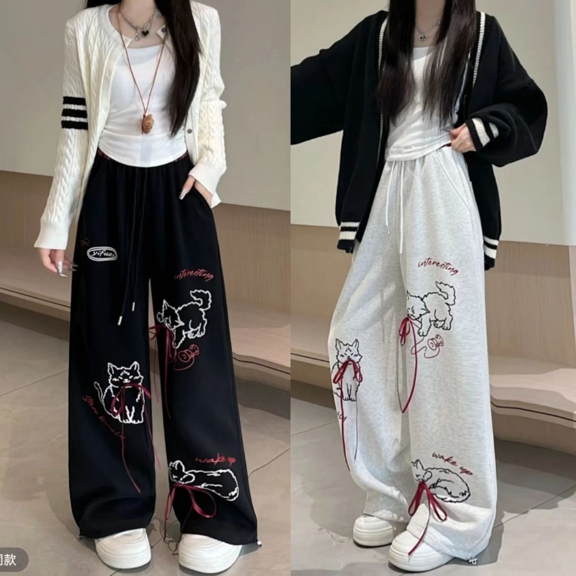 涂鸦猫咪印花蝴蝶结撞色休闲裤女秋冬季慵懒风高腰宽松直筒阔腿裤