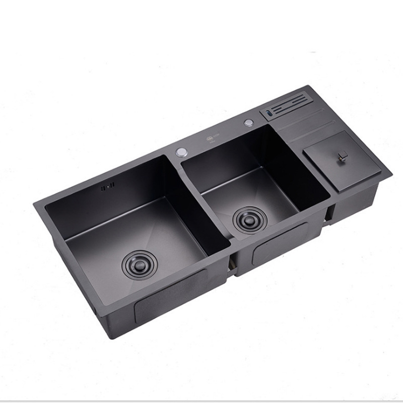 Factory Direct stainless steel handmade sink multi-functional with trash can black vegetable washing basin lengthened pool 100*45