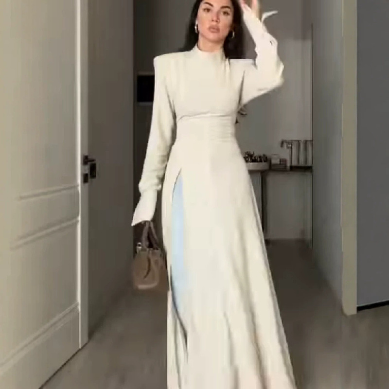 European and American Amazon 2026 High-Neck Waist-Cinching Slim-Fit Long-Sleeve High-Slit Niche Design Shirt Dress for Women European and American Amazon 2026 High-Neck Waist-Cinching Slim-Fit Long-Sleeve High-Slit Niche Design Shirt Dress for Women