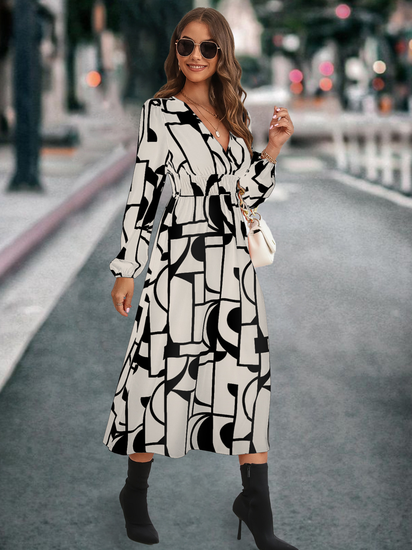 Robe imprimée à manches longues et col en V pour femmes, la plus vendue_voghion.com