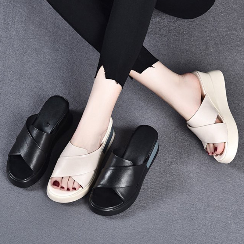 Dép sandal nữ đế xuồng da bò thật quai chữ V gót cao 9 cm — Màu đen (Da bò lớp đầu tiên)