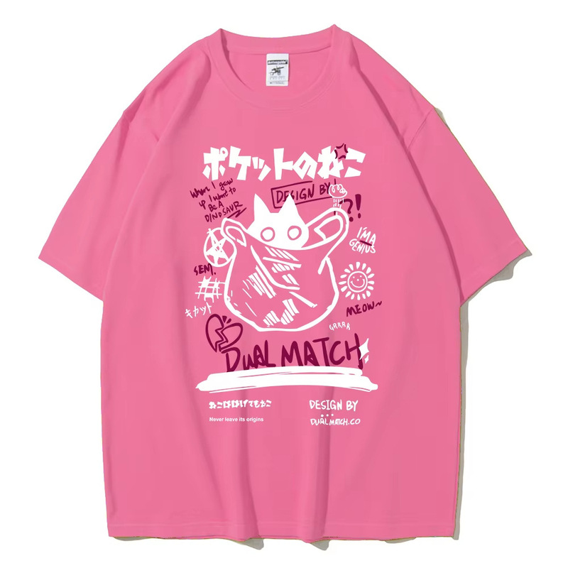 男女2024原宿川合伊猫プリント半袖tシャツ夫婦街頭カジュアルゆったり服Y2Kトップス|undefined