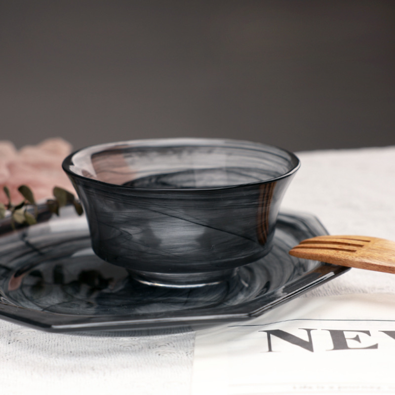 Ink-Style Bowl and Plate Set Qixian Handmade Creative One-Bowl-One-Plate Glass Tableware Chinese-Style Bowl and Plate Set Mother's Day Ink-Style Bowl and Plate Set Qixian Handmade Creative One-Bowl-One-Plate Glass Tableware Chinese-Style Bowl and Plate Set Mother's Day