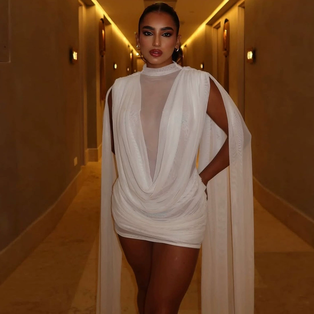 European and American Cross-Border Autumn and Winter New Women's Fashion Half-High Collar Double-Layer Spliced Mesh Ribbon Bodycon Dress