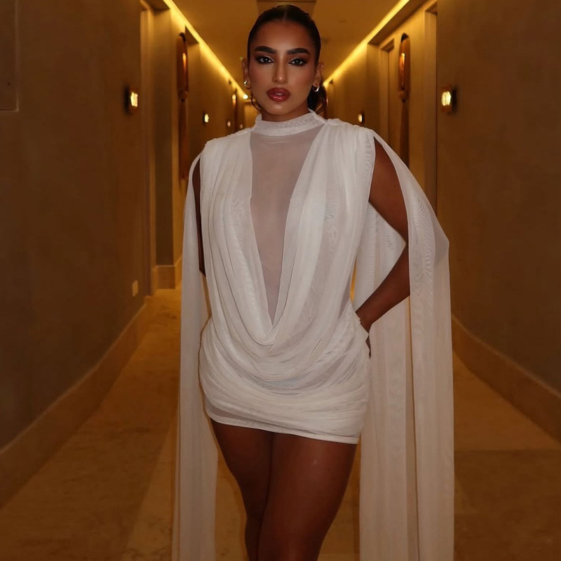 European and American Cross-Border Autumn and Winter New Women's Fashion Half-High Collar Double-Layer Spliced Mesh Ribbon Bodycon Dress