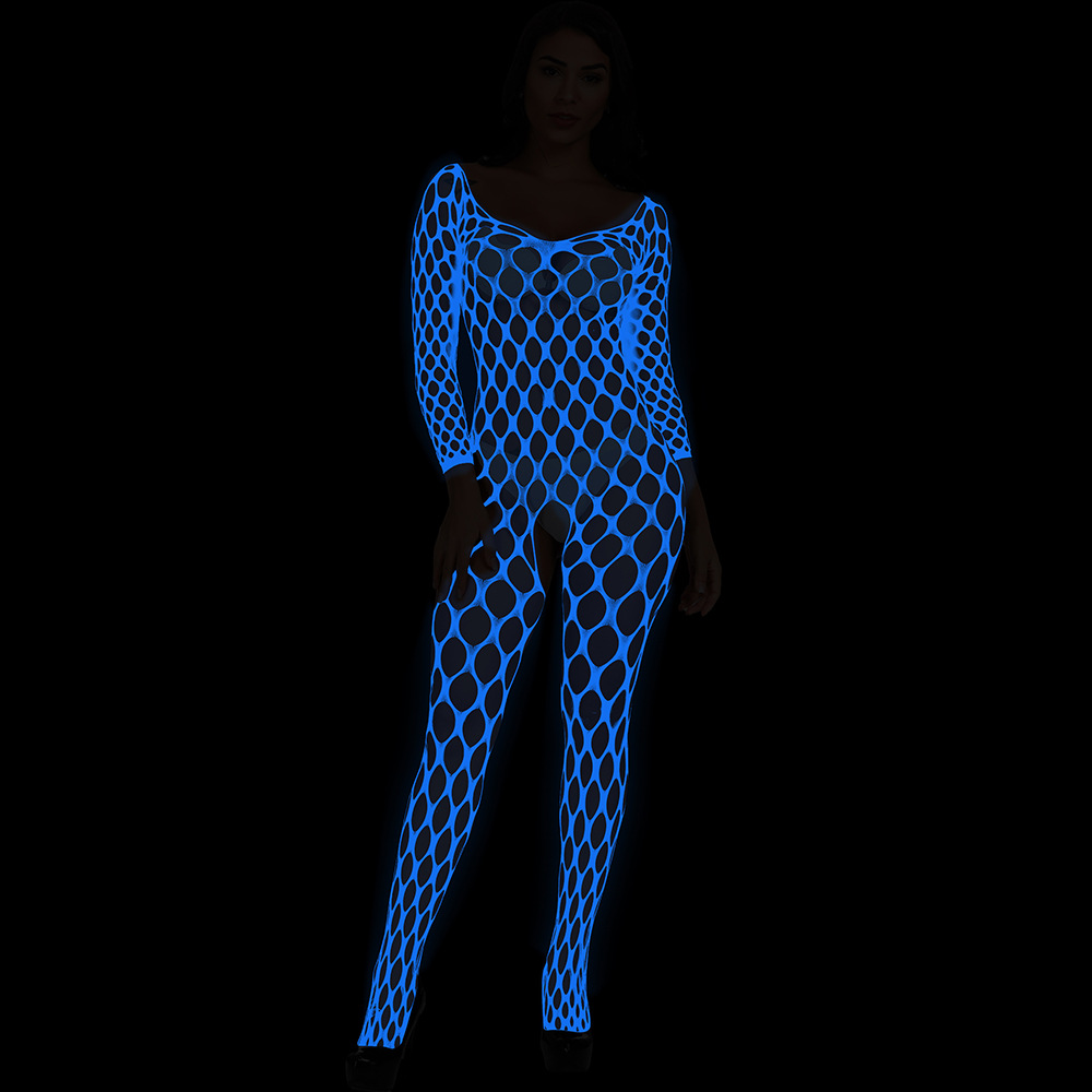 Lingerie sexy lumineuse à manches longues, body bleu clair, bas résille une pièce, entrejambe ouvert, transparent, Yg097_voghion.com