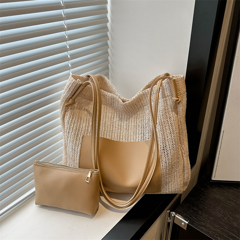 Straw Mum Large Capacity Tote Bucket Bag Women's 2024 New Beach Bag Cross-border Foreign Trade Shoulder Bag