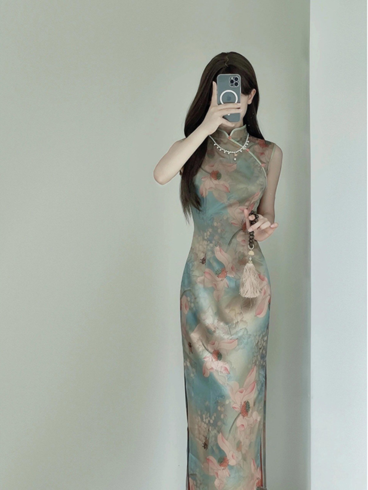 Đầm maxi nữ thắt eo kiểu Pháp thanh lịch, sườn xám mới mùa hè — Màu hoa chi tiết 7