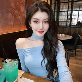 纯欲风辣妹露锁骨一字肩长袖T恤女春秋新款设计感短款打底衫上衣