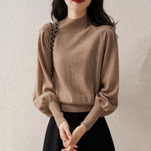 半高领针织衫女2022春秋新款复古优雅气质泡泡袖上衣套头打底毛衣