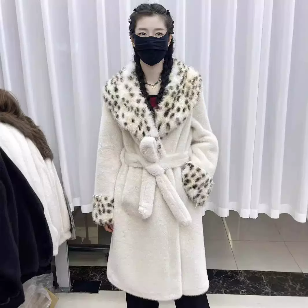 批发跨境修身长款皮毛一体女装皮草仿貂绒仿狐狸豹纹保暖大衣外套