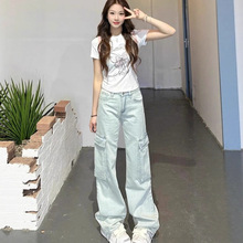 美式浅色直筒牛仔裤女款高腰宽松阔腿显瘦休闲工装裤子女款夏天