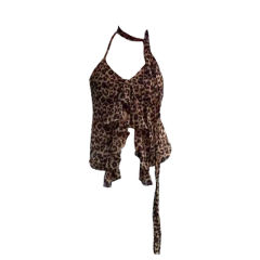 法式別致吊帶背心女2024新款秋冬印花豹紋性感V領荷葉邊短款上衣