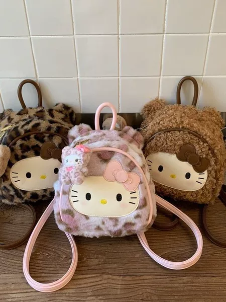 Korean Style Ins Retro Leopard Print Hello Kitty Backpack for Women Niche Design Plush Cartoon Cute Handbag