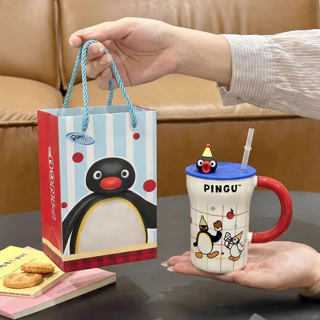 Tao Dian Pingu familia de pingüinos de dibujos animados lindos tazas de paja para parejas en el hogar tazas de agua de gran capacidad