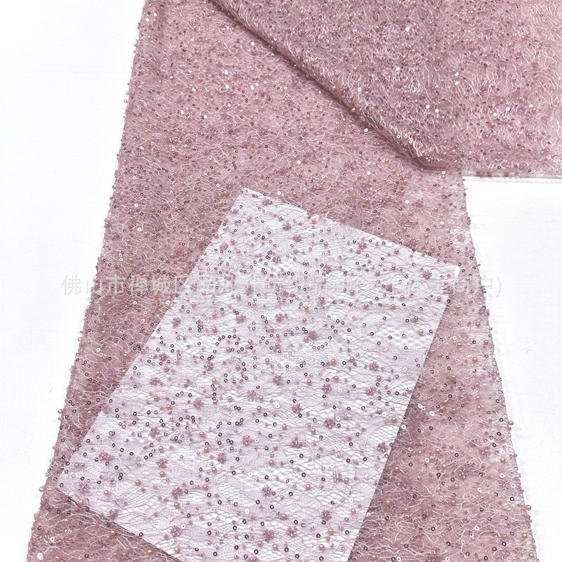 Tejido de encaje de perlas de oro ligero tamaño de perlas sequinado alto vestido de hombro inclinado tejido bordado a mano