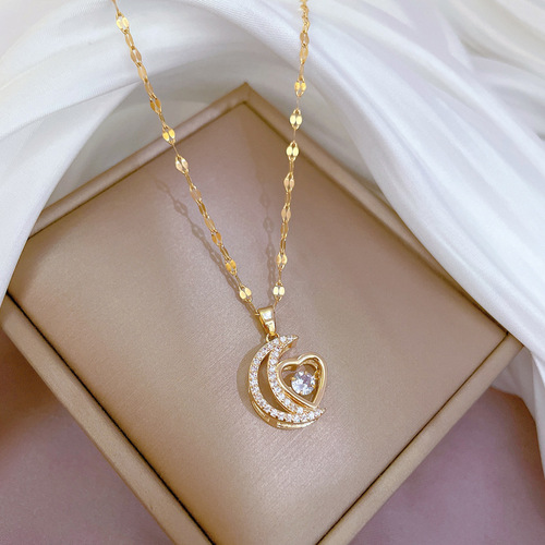 [Titanium Steel] Light Luxury Moon Love Heart Touching Micro-Inlaid Real Gold Necklace Women's Transfer Ins Clavicle Chain Accessories