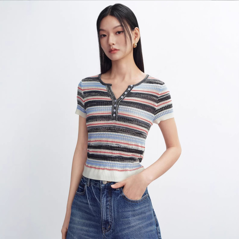 Domestic Brand 2026 Summer New Slim-Fit V-Neck Striped Short-Sleeve Knit T-Shirt Top for Women A3Eeg2308
