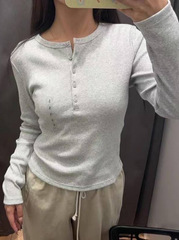 日系女款罗纹亨利领单排扣长袖T恤简约修身显瘦短款打底衫479591