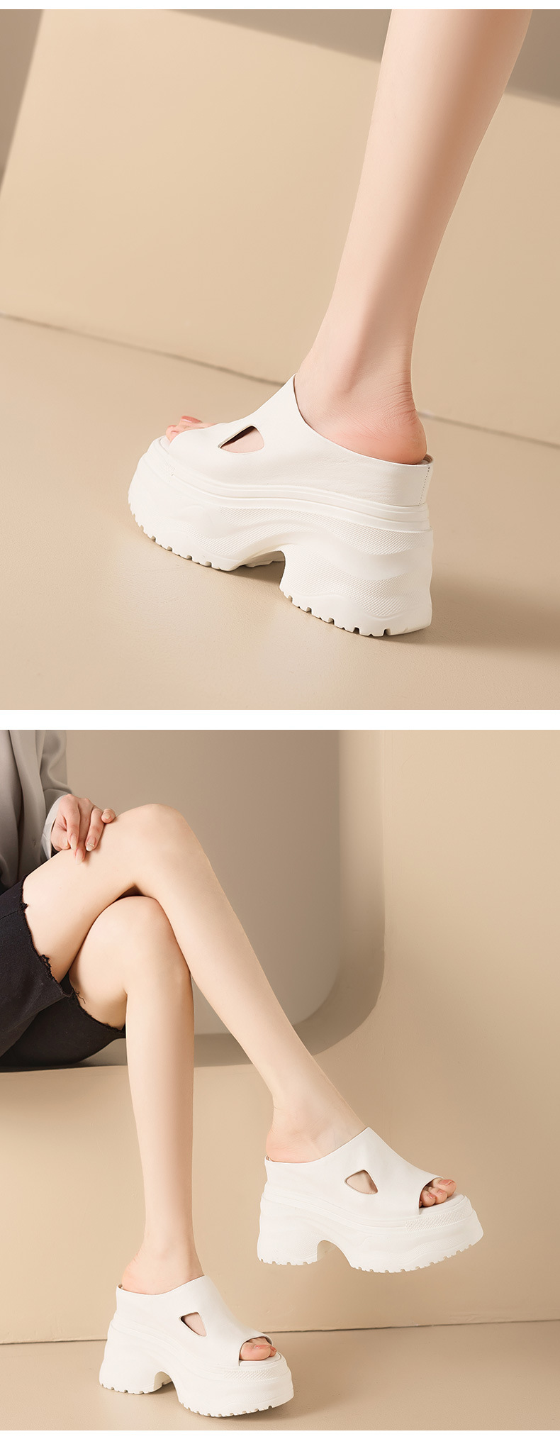 Sandal cao gót nữ hở mũi đế dày 12 cm, phong cách đường phố — màu đen, Trắng kem- chi tiết 6