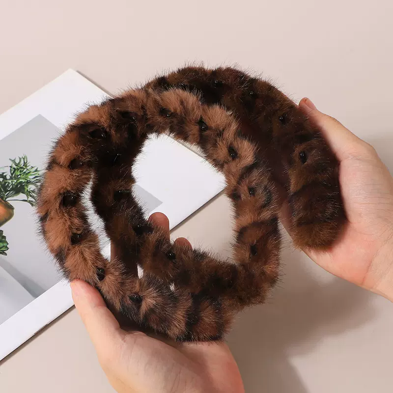 复古豹纹带齿毛绒发箍女防滑洗脸发卡化妆发饰头箍秋冬发饰