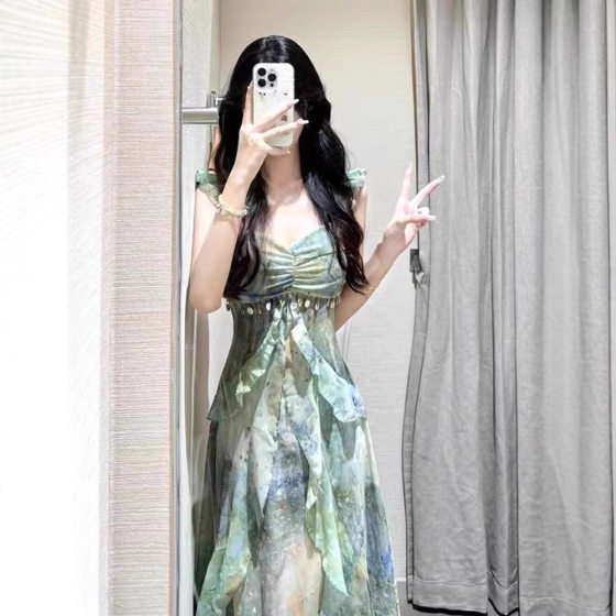 French Style Small Flying Sleeve Floral Sling dress Women's Summer Small High-end Temperament Waist Atmosphere Long Dress