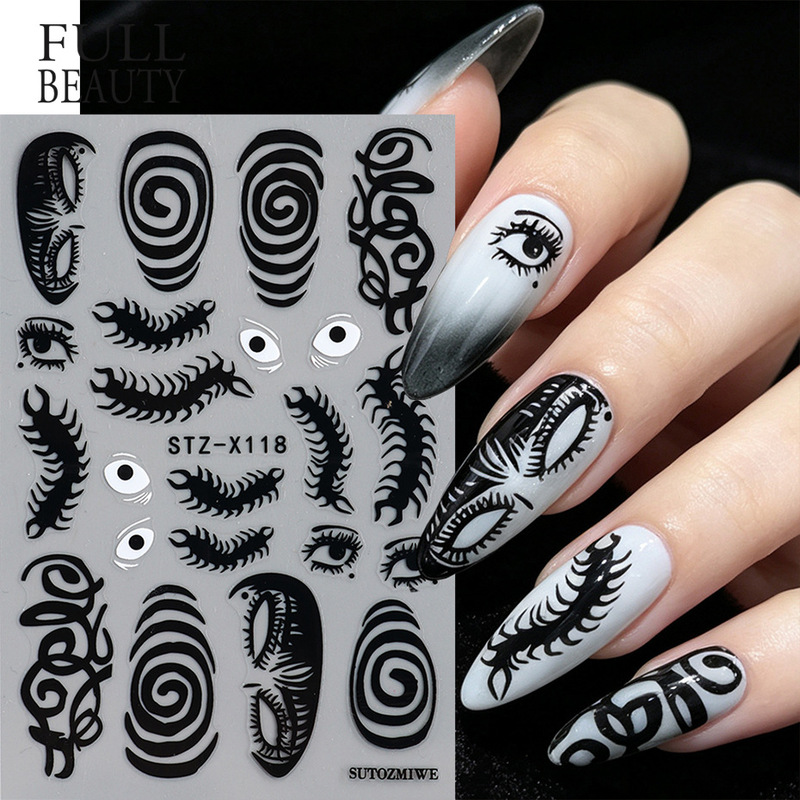 Cross-border new nail art stickers: Cartoon Halloween black and white spiral swirl bow adhesive nail stickers