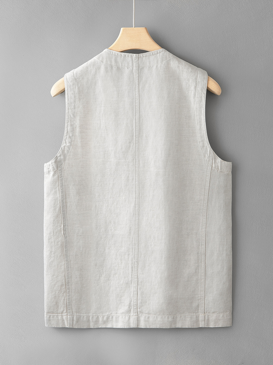 新商品の亜麻のベストの男性のゆったりした大きいサイズの日本の麻の綿のカジュアルなベストの青年のファッションの上着のvネックの袖なし