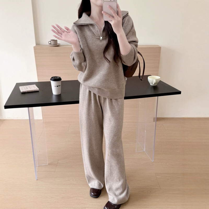 Cross-border half-zip turtleneck pullover sweater women's top set, new autumn and winter wide-leg pants loose knit two-piece set