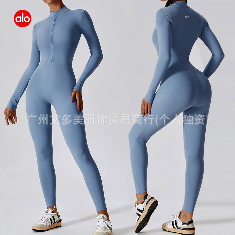 alo跨境欧美拉链裸感长袖瑜伽连体服高强度健身运动连体紧身衣|undefined