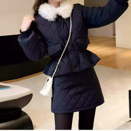 2025秋冬韩版千金风毛领香风菱格棉衣棉服女+半身裙两件套套装女