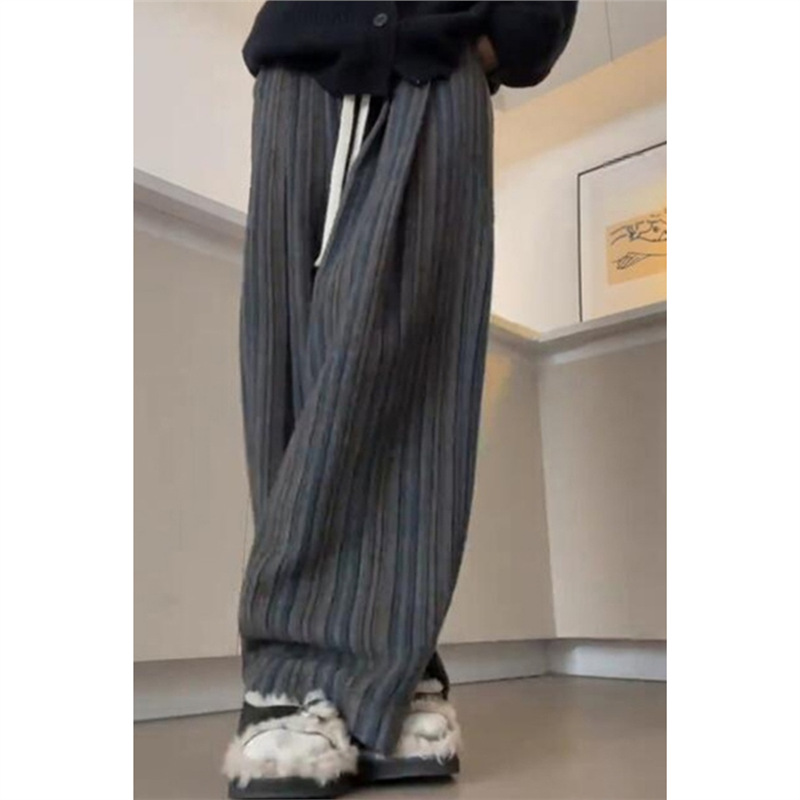 复古条纹加绒裤子女秋冬季加厚慵懒风宽松直筒宽松休闲阔腿拖地裤