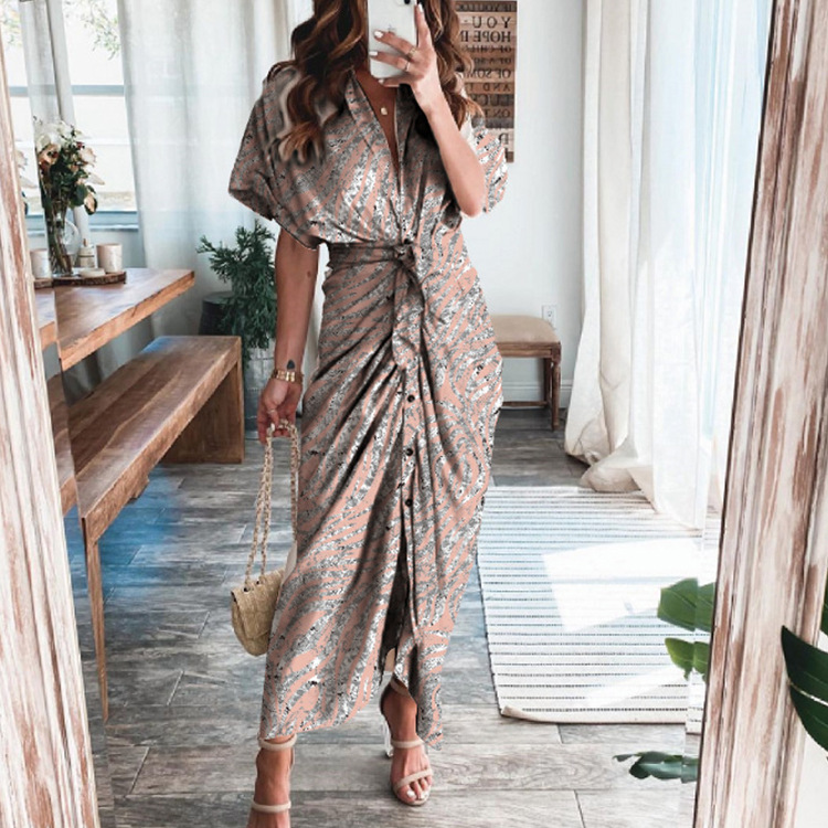 Women's Irregular Skirt Elegant V Neck Printing Pleated Short Sleeve Flower Maxi Long Dress Holiday Street display picture 4