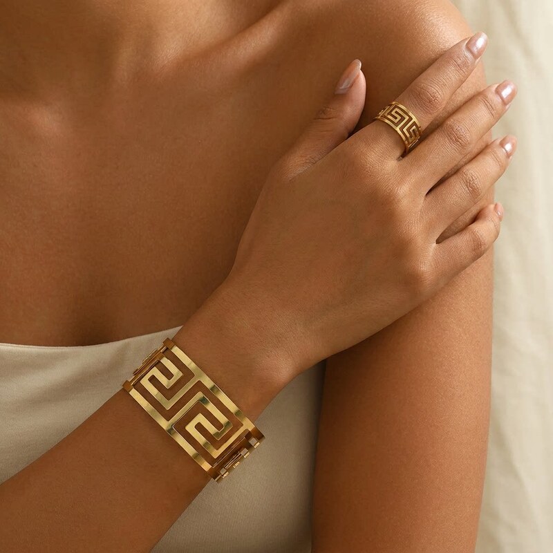 Exclusive cross-border supply: Greek-style hollow swirl pattern bracelet, fashionable and versatile, electroplated gold glossy open ring for women Exclusive cross-border supply: Greek-style hollow swirl pattern bracelet, fashionable and versatile, electroplated gold glossy open ring for women
