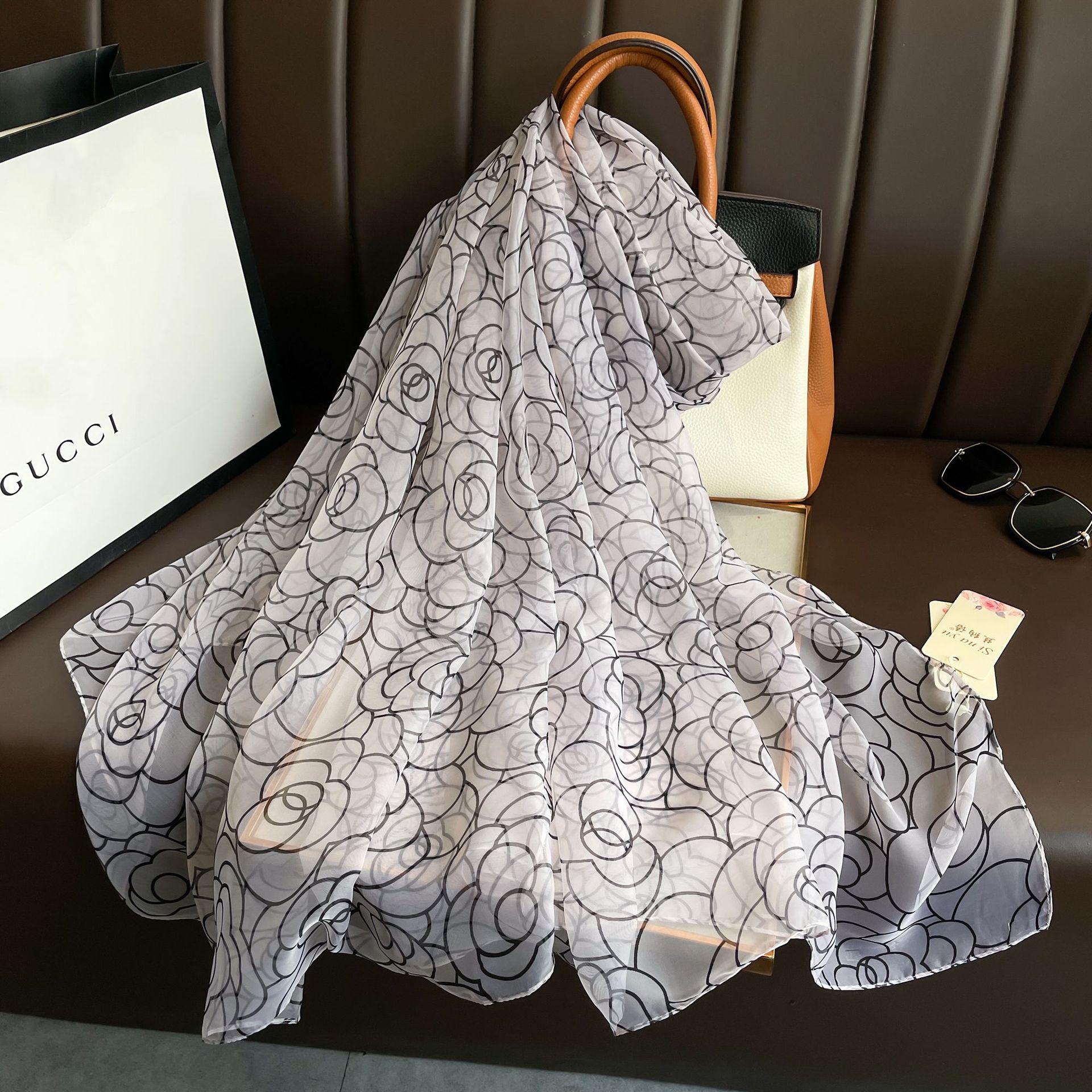 Elegant Large Yarn Thin Silk Scarf Women's Camellia Spring and Summer Sunscreen Tourism Photography Silk Scarf Beach_voghion.com