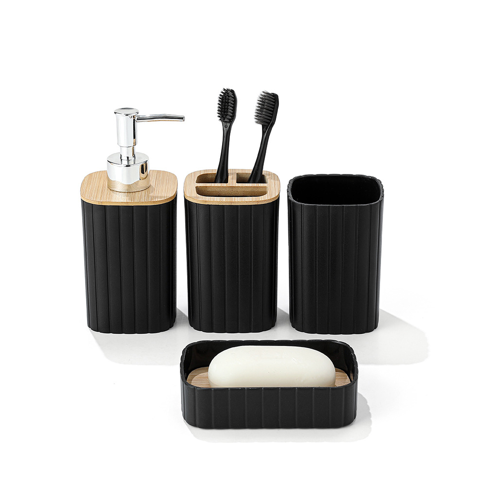 Juego de lavado de baño de plástico a rayas transfronterizas Hotel B & B Botella de loción con tapa de madera Taza de enjuague bucal Taza de cepillo de dientes Juego de 4 piezas