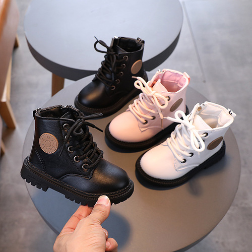 Autumn and winter new British style children's Martin boots for boys and girls soft leather anti-slip single boots baby lace-up zipper short boots