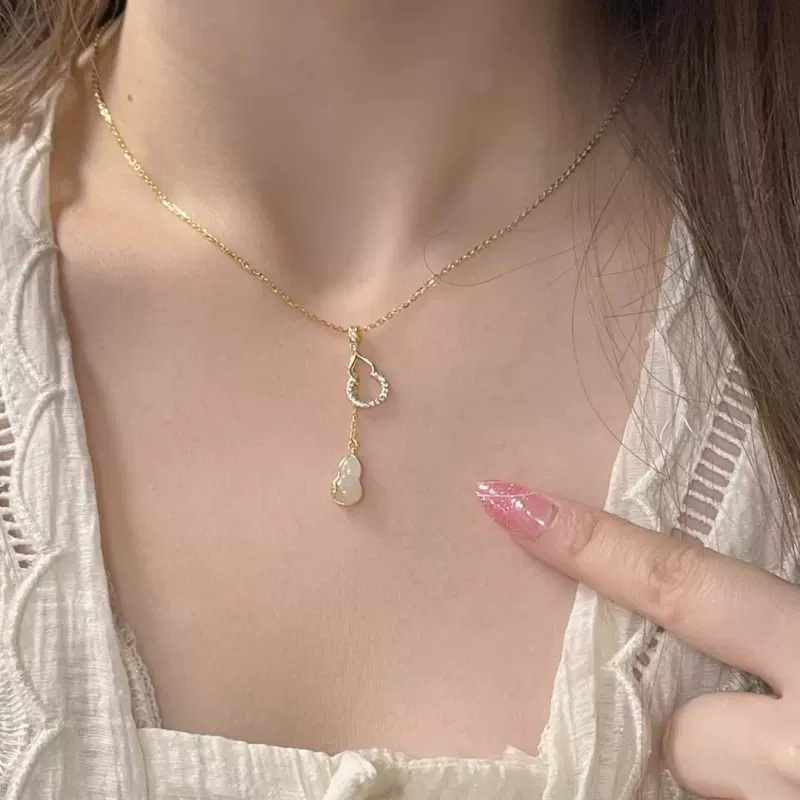 经典款和田玉s925银项链女双葫芦流苏吊坠轻奢小众高级设计配饰品