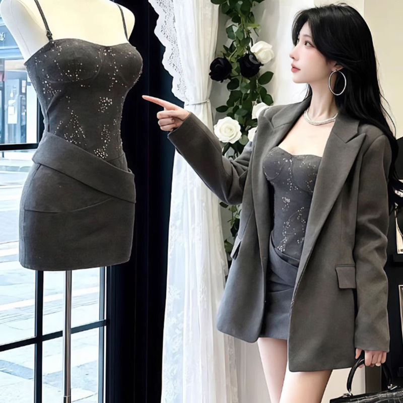 Sexy Socialite Outfit for Women, Autumn and Winter Blazer with Heavy Sequin Embellishment, Bodycon Slip Dress Two-Piece Set