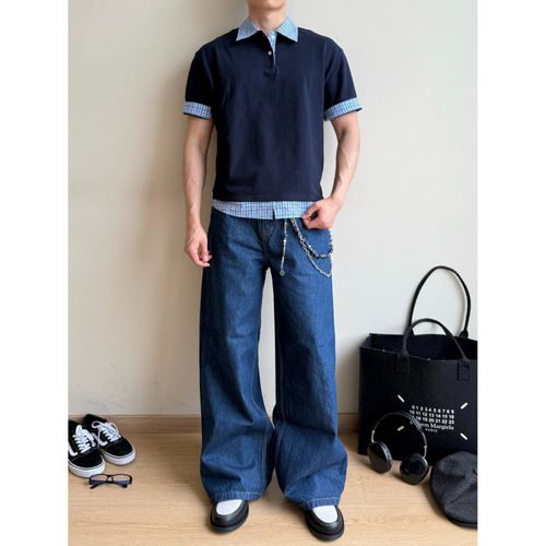 American striped fake two-piece Polo shirt, short-sleeved men and women's summer fashion brand, heavy loose and all-matching couple's half-sleeve T-shirt