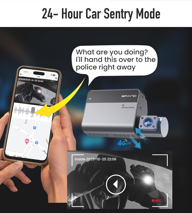 Cross-border 4G dashcam with four 4K cameras, remote monitoring, 24-hour surveillance, ADAS, BSD warning, and fleet management