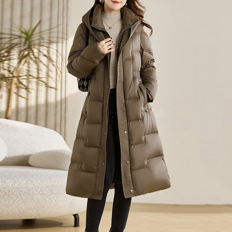 Over-The-Knee White Duck down Jacket for Women, Long Classy Winter New Fashion Waist-Cinching Lace-Up Slimming Look Warm Jacket Trendy