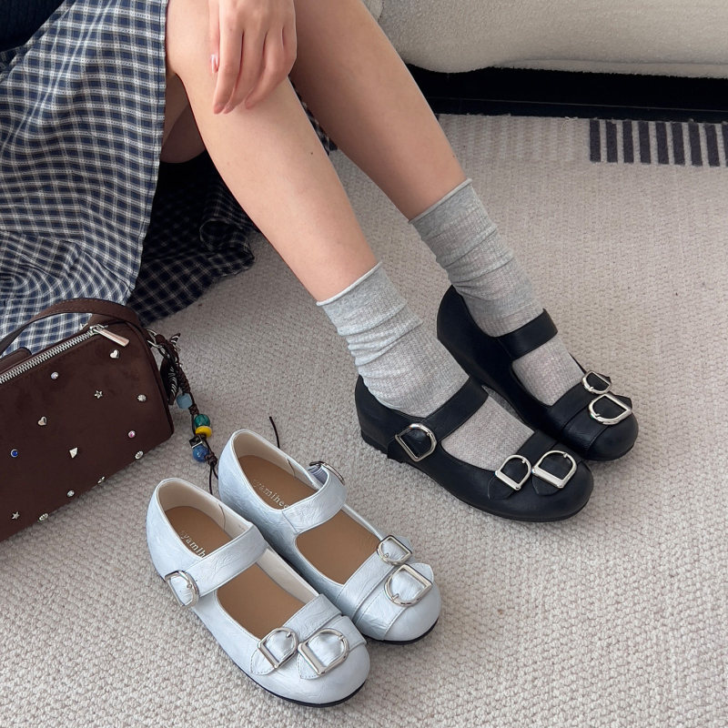 2026 Spring New French Retro Style Hidden Heel Ballet Mary Jane Shoes with Single Strap Spring Leather Shoes