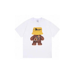 B家25胸元ロゴ入りクマプリントラウンドネック半袖Tシャツ男女兼用ゆったり純綿通気性半袖