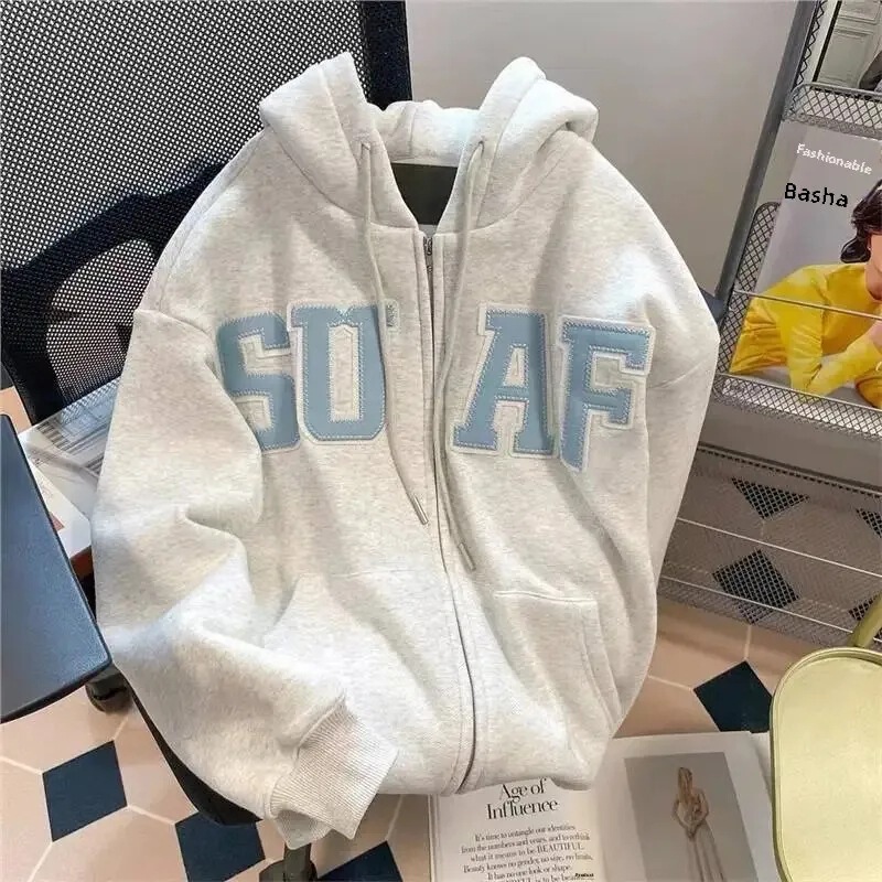 Thickened Wool Hooded Jacket with Zipper Cardigan for Women, Autumn and Winter Retro American University Style Sweatshirt