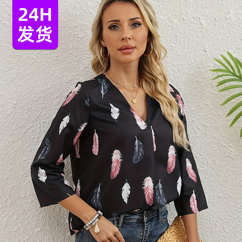Cross-Border Summer Feather Print V-Neck Top Casual Three-Quarter Sleeve Loose Versatile Foreign Trade Women's Shirt Wholesale Cross-Border Summer Feather Print V-Neck Top Casual Three-Quarter Sleeve Loose Versatile Foreign Trade Women's Shirt Wholesale