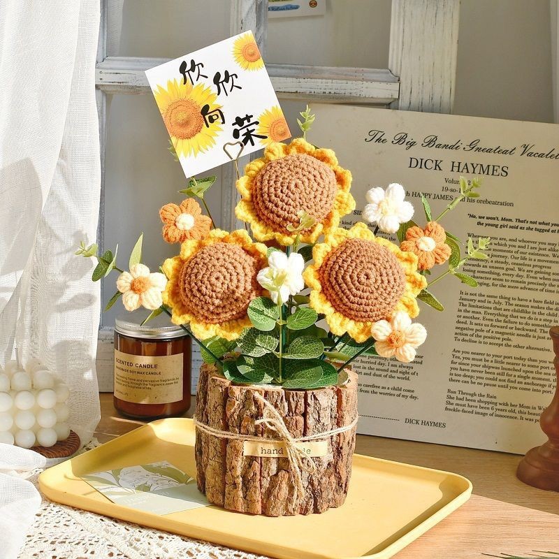 Caqui hecho a mano trenzado girasol ramo creativo frutas bayas tejido lana adornos