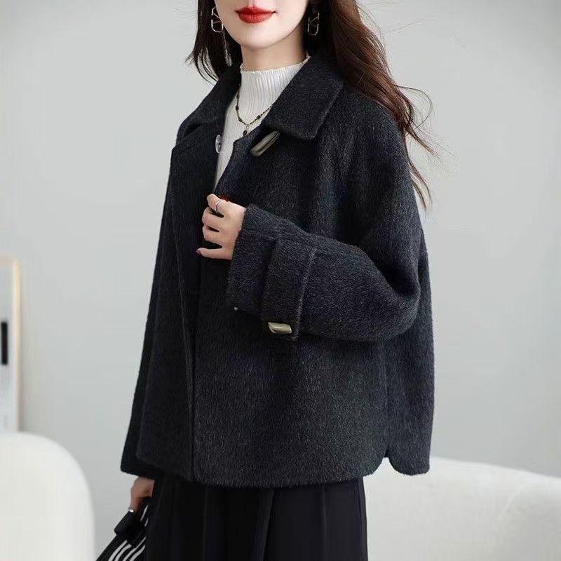 Double-Sided Coat Wool Short Cashmere Outwear Woolen 2025 New Small Autumn and Winter Horn Woolen Dark Gray